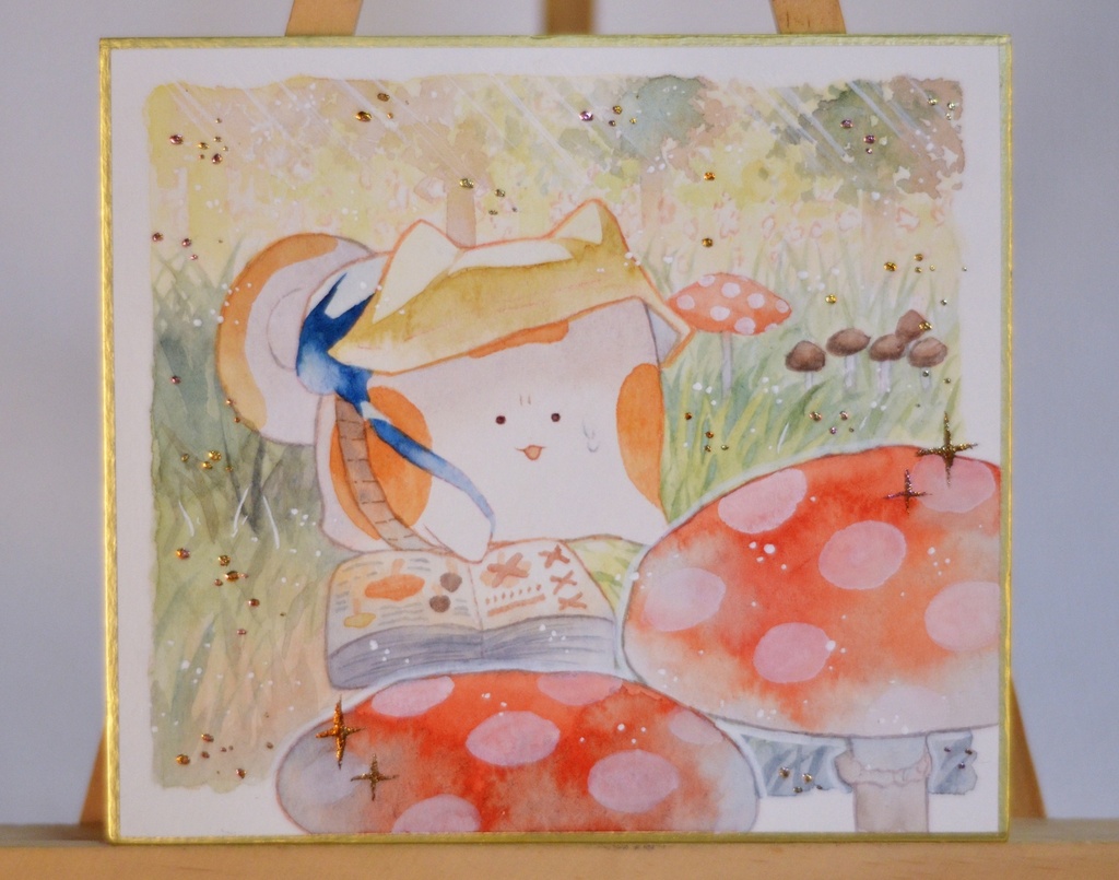 手描きイラスト オリジナル 「キノコ狩りにて。」 原画 創作 うたもちシリーズ 秋田犬 1/4色紙サイズ 透明水彩
