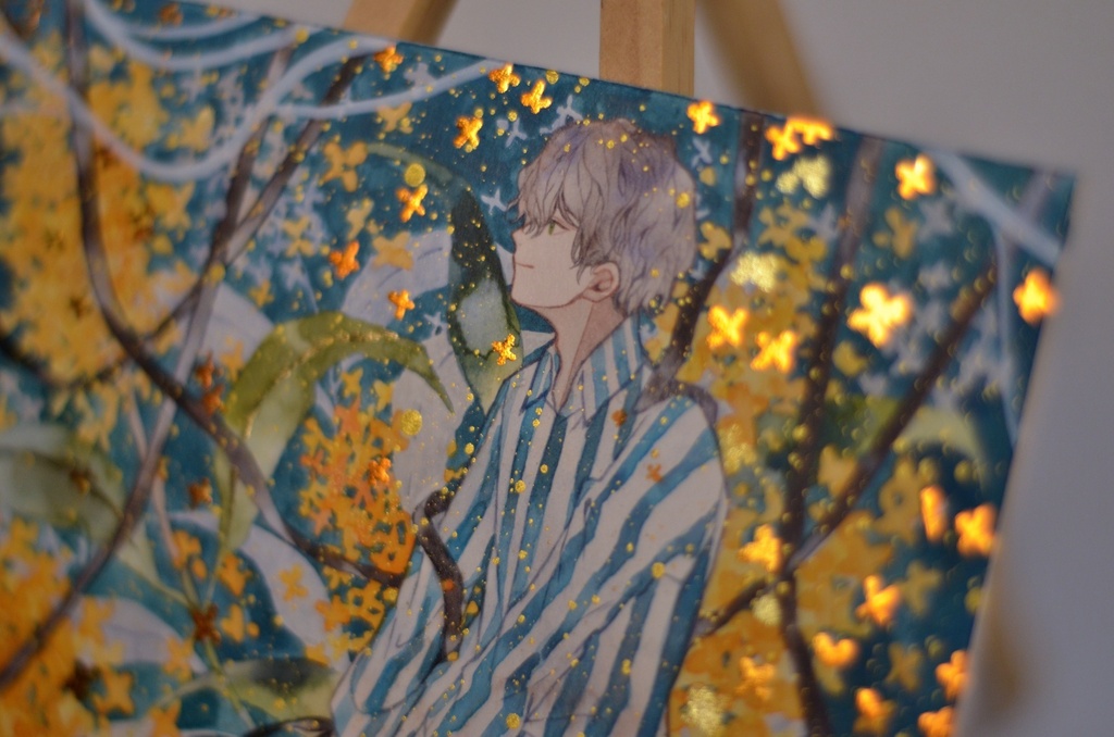 手描きイラスト 「想い出の匂い」 オリジナル 男の子 青年 正方形サイズ 透明水彩 原画