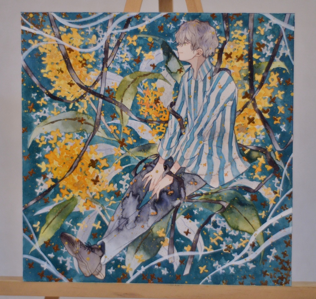 手描きイラスト 「想い出の匂い」 オリジナル 男の子 青年 正方形サイズ 透明水彩 原画