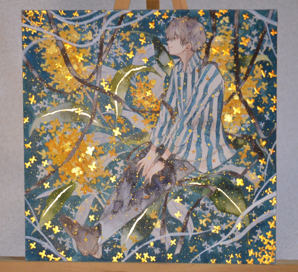手描きイラスト 「想い出の匂い」 オリジナル 男の子 青年 正方形サイズ 透明水彩 原画
