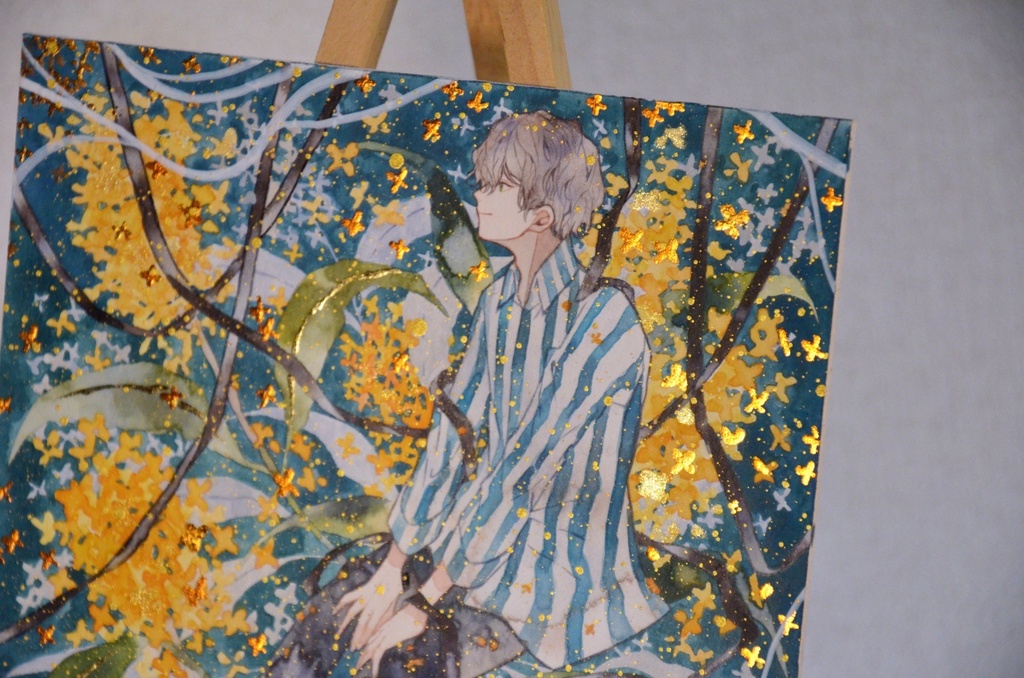 手描きイラスト 「想い出の匂い」 オリジナル 男の子 青年 正方形サイズ 透明水彩 原画