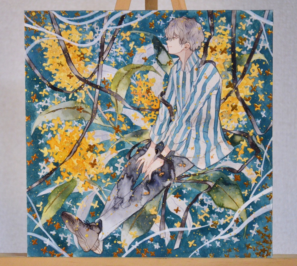 手描きイラスト 「想い出の匂い」 オリジナル 男の子 青年 正方形サイズ 透明水彩 原画