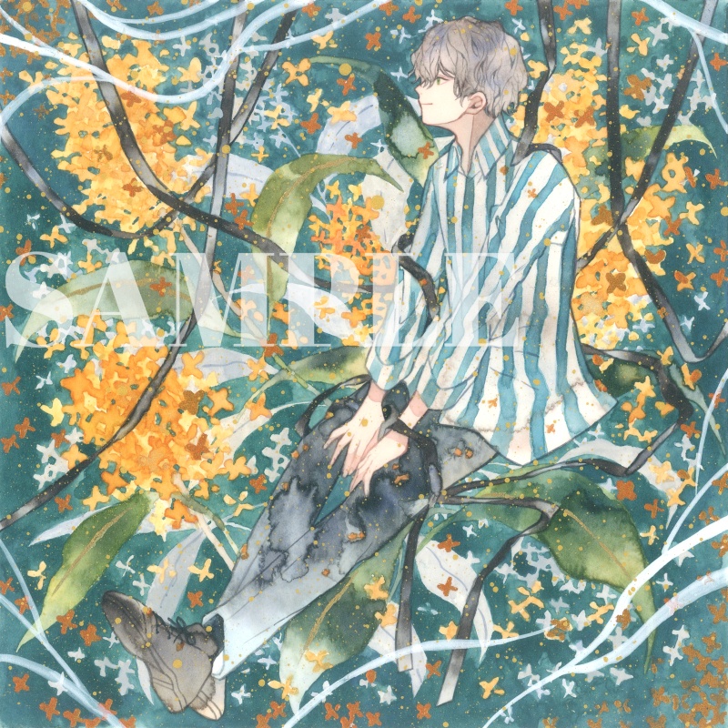 手描きイラスト 「想い出の匂い」 オリジナル 男の子 青年 正方形サイズ 透明水彩 原画