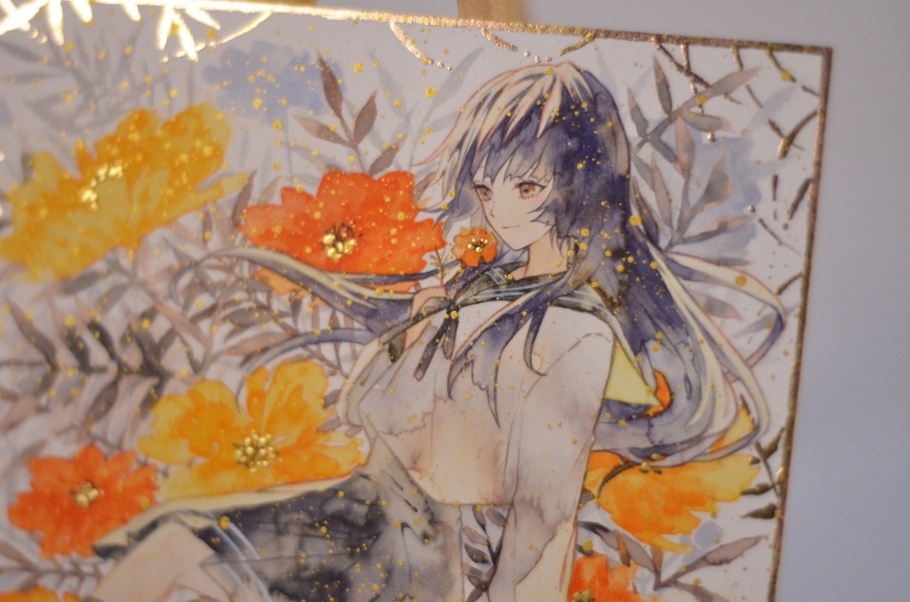 手描きイラスト 「小さなときめき」 オリジナル 女の子 正方形サイズ イラストボード 透明水彩 原画