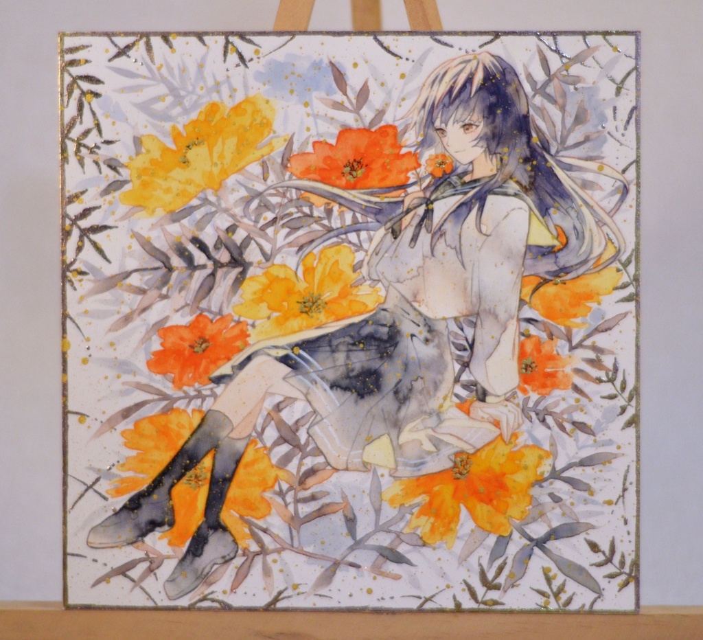 手描きイラスト 「小さなときめき」 オリジナル 女の子 正方形サイズ イラストボード 透明水彩 原画