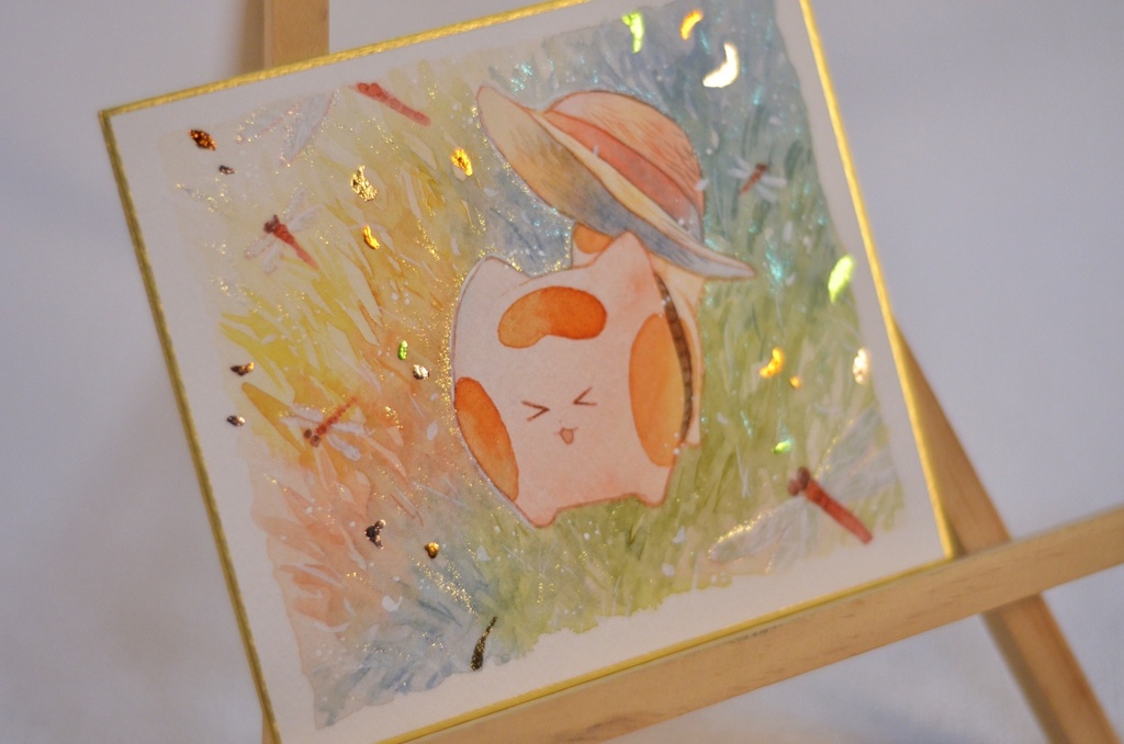 手描きイラスト オリジナル 「夕暮れの草原にて。」 原画 創作 うたもちシリーズ 秋田犬 1/4色紙サイズ 透明水彩