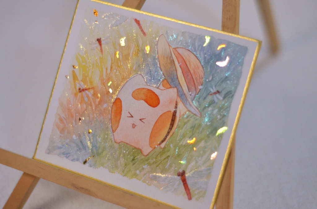 手描きイラスト オリジナル 「夕暮れの草原にて。」 原画 創作 うたもちシリーズ 秋田犬 1/4色紙サイズ 透明水彩