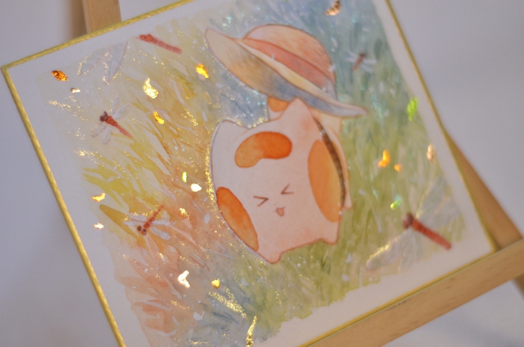 手描きイラスト オリジナル 「夕暮れの草原にて。」 原画 創作 うたもちシリーズ 秋田犬 1/4色紙サイズ 透明水彩