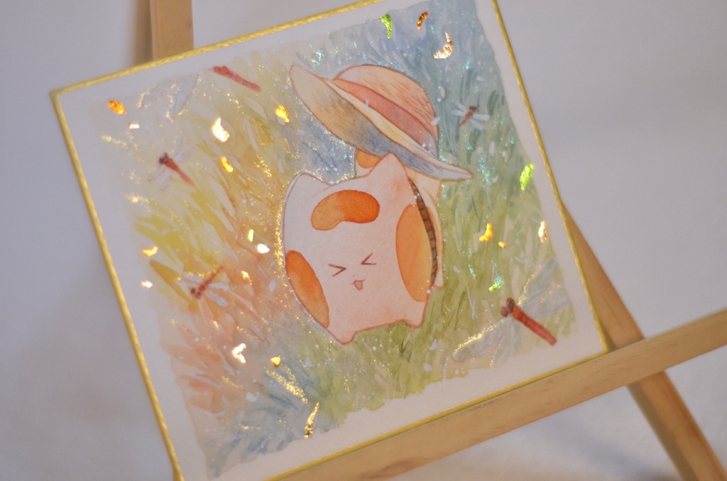 手描きイラスト オリジナル 「夕暮れの草原にて。」 原画 創作 うたもちシリーズ 秋田犬 1/4色紙サイズ 透明水彩