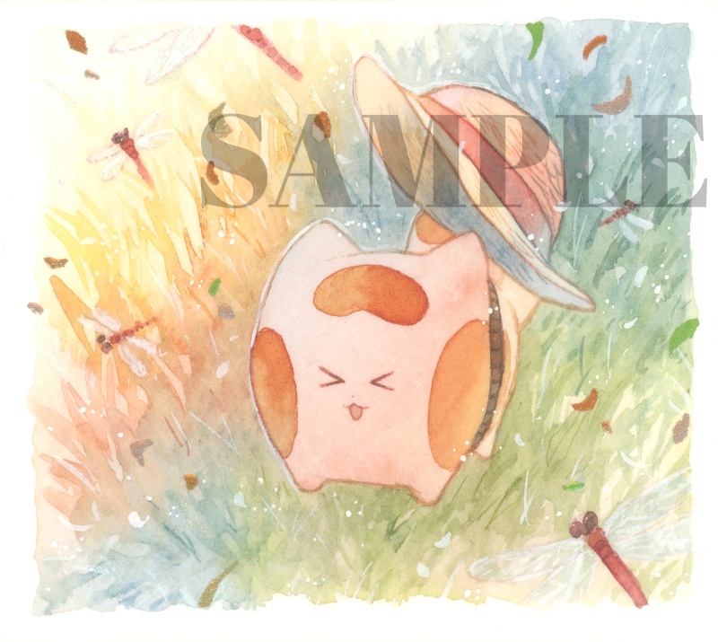 手描きイラスト オリジナル 「夕暮れの草原にて。」 原画 創作 うたもちシリーズ 秋田犬 1/4色紙サイズ 透明水彩