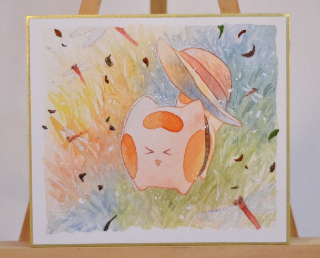 手描きイラスト オリジナル 「夕暮れの草原にて。」 原画 創作 うたもちシリーズ 秋田犬 1/4色紙サイズ 透明水彩