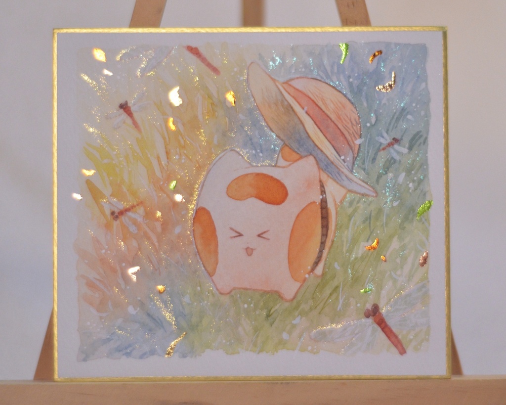 手描きイラスト オリジナル　「夕暮れの草原にて。」　 原画　創作　うたもちシリーズ　秋田犬　1/4色紙サイズ　透明水彩