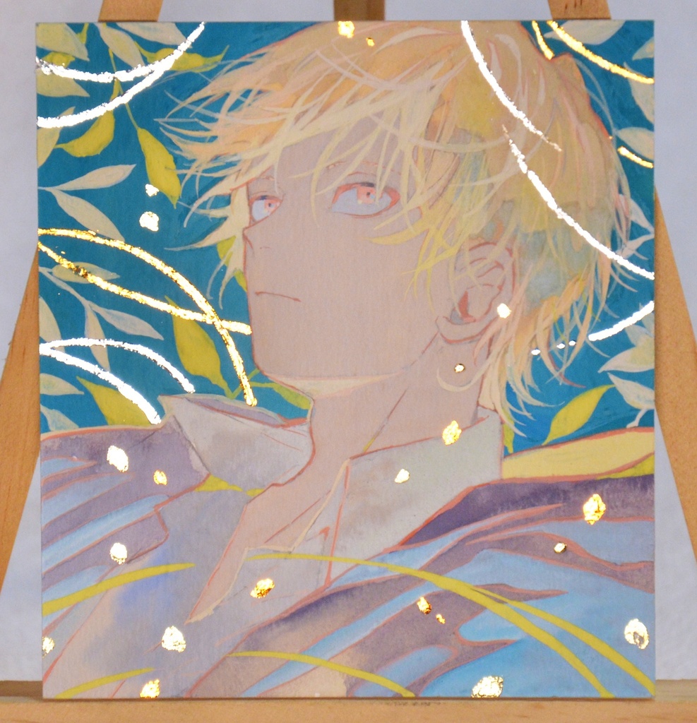 手描きイラスト　「光の名残」　オリジナル　男の子　青年　イラストボード　ポスターカラー　原画