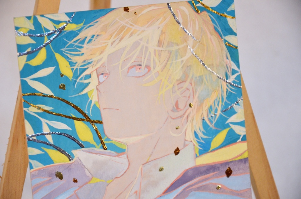 手描きイラスト 「光の名残」 オリジナル 男の子 青年 イラストボード ポスターカラー 原画