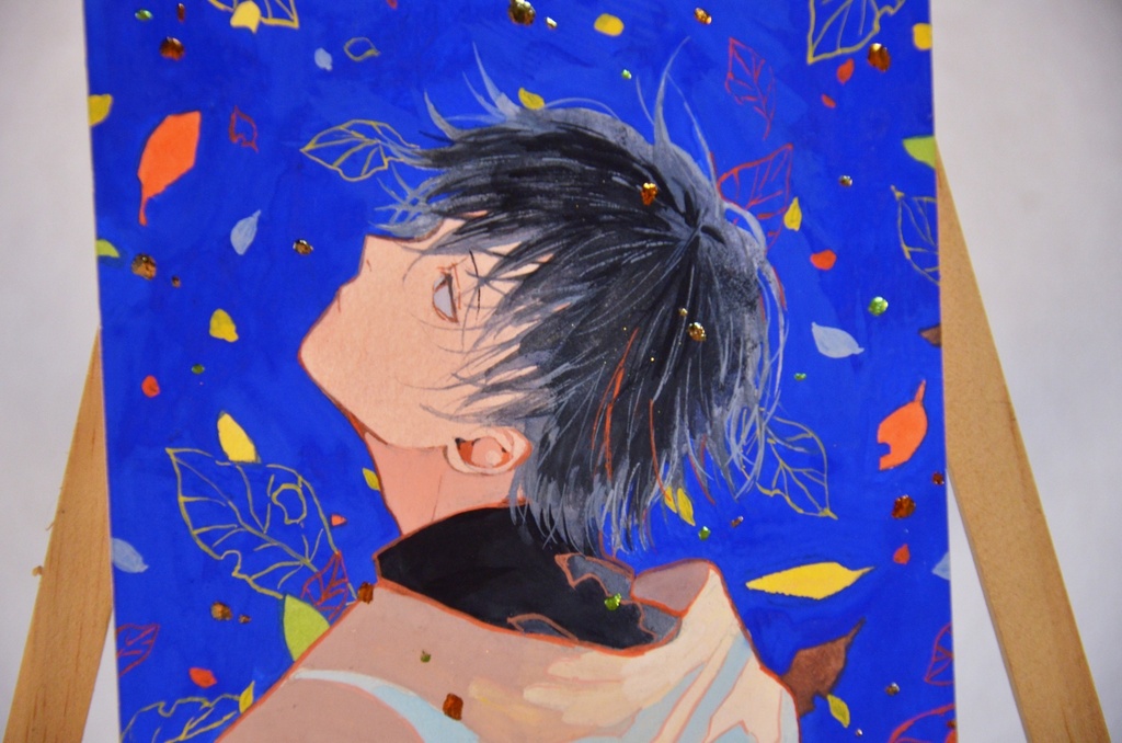 手描きイラスト 「色葉の雨」 オリジナル 男の子 青年 イラストボード ポスターカラー 原画