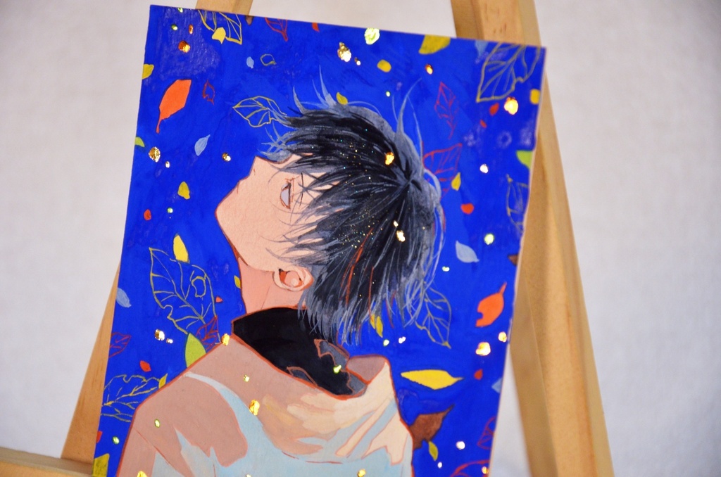 手描きイラスト 「色葉の雨」 オリジナル 男の子 青年 イラストボード ポスターカラー 原画