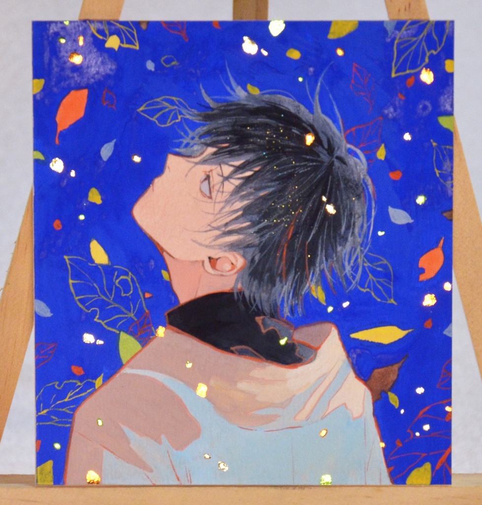 手描きイラスト　「色葉の雨」　オリジナル　男の子　青年　イラストボード　ポスターカラー　原画