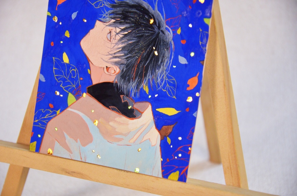 手描きイラスト 「色葉の雨」 オリジナル 男の子 青年 イラストボード ポスターカラー 原画