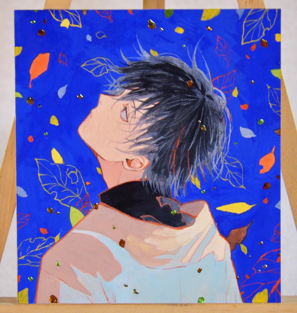 手描きイラスト 「色葉の雨」 オリジナル 男の子 青年 イラストボード ポスターカラー 原画