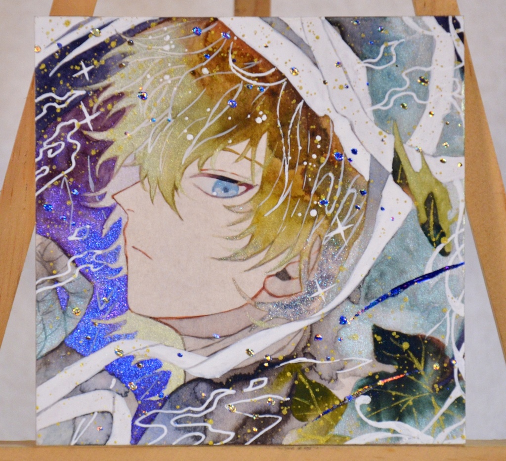 手描きイラスト 「寝坊助ミイラ」 オリジナル 男の子 青年 正方形 透明水彩 原画