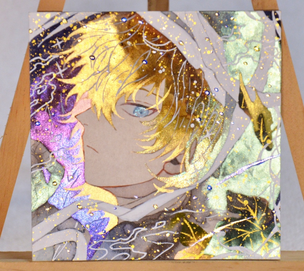 手描きイラスト　「寝坊助ミイラ」　オリジナル　男の子　青年　正方形　透明水彩　原画