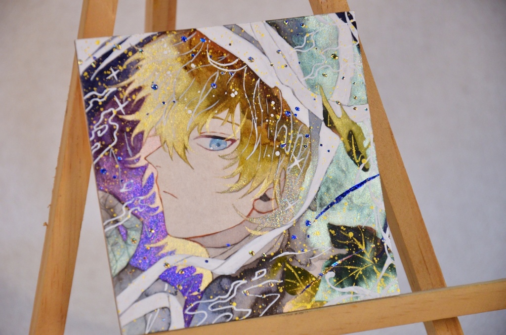 手描きイラスト 「寝坊助ミイラ」 オリジナル 男の子 青年 正方形 透明水彩 原画