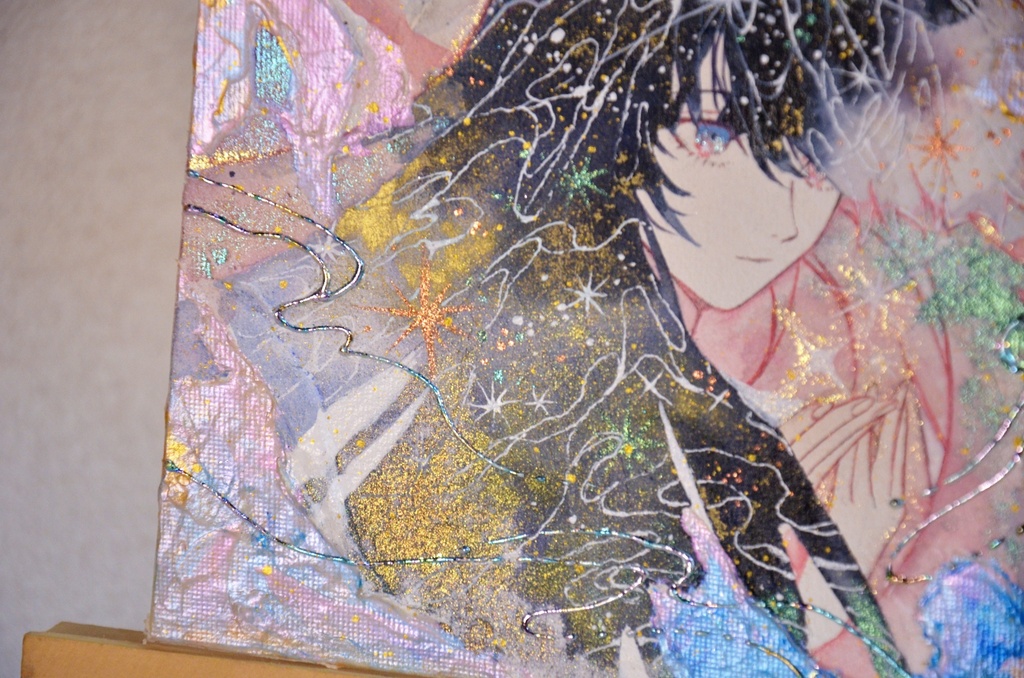 オリジナル 手描きイラスト 女の子 「星屑をすくって」 キャンバスボード 透明水彩 アクリル絵具 原画