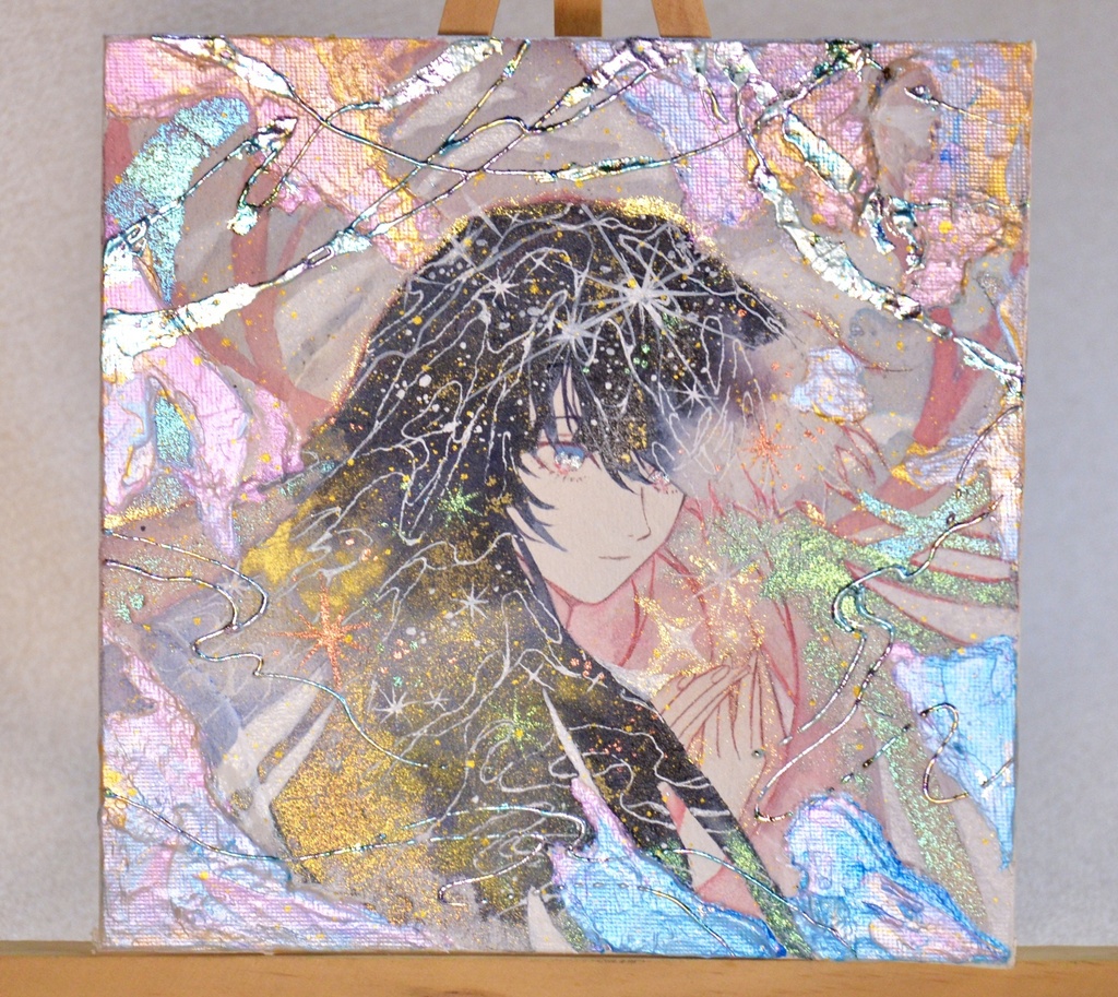 オリジナル　手描きイラスト　女の子　「星屑をすくって」 キャンバスボード　透明水彩　アクリル絵具　原画