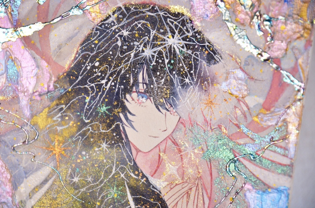 オリジナル 手描きイラスト 女の子 「星屑をすくって」 キャンバスボード 透明水彩 アクリル絵具 原画