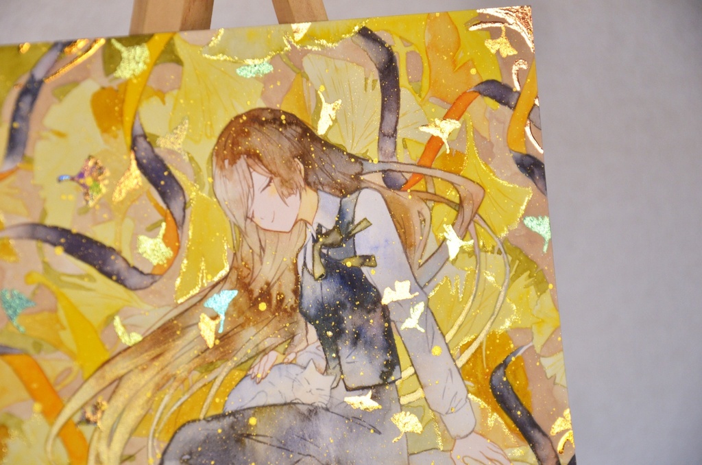 手描きイラスト 「黄色に色づけば」 オリジナル 女の子 正方形サイズ 透明水彩 原画