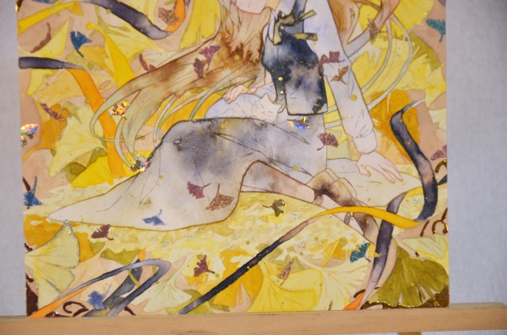 手描きイラスト 「黄色に色づけば」 オリジナル 女の子 正方形サイズ 透明水彩 原画