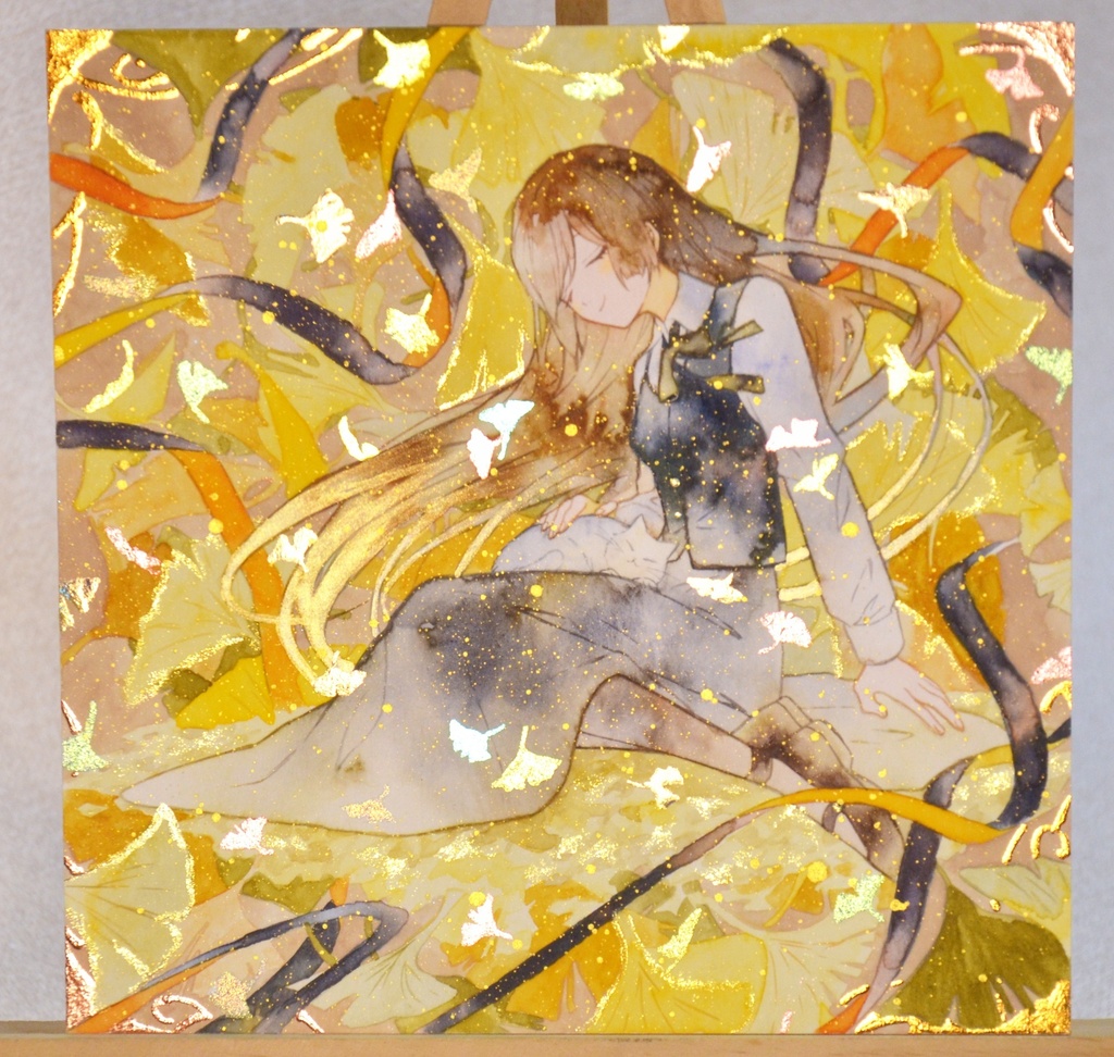 手描きイラスト　「黄色に色づけば」　オリジナル　女の子　正方形サイズ　透明水彩　原画