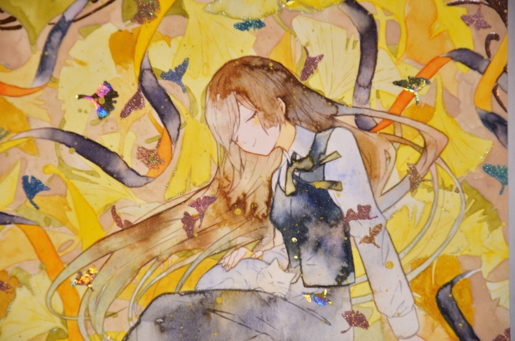 手描きイラスト 「黄色に色づけば」 オリジナル 女の子 正方形サイズ 透明水彩 原画