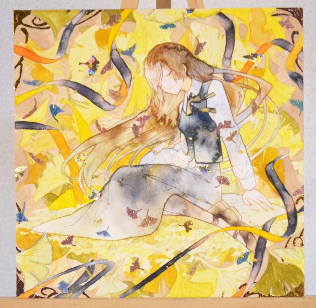 手描きイラスト 「黄色に色づけば」 オリジナル 女の子 正方形サイズ 透明水彩 原画