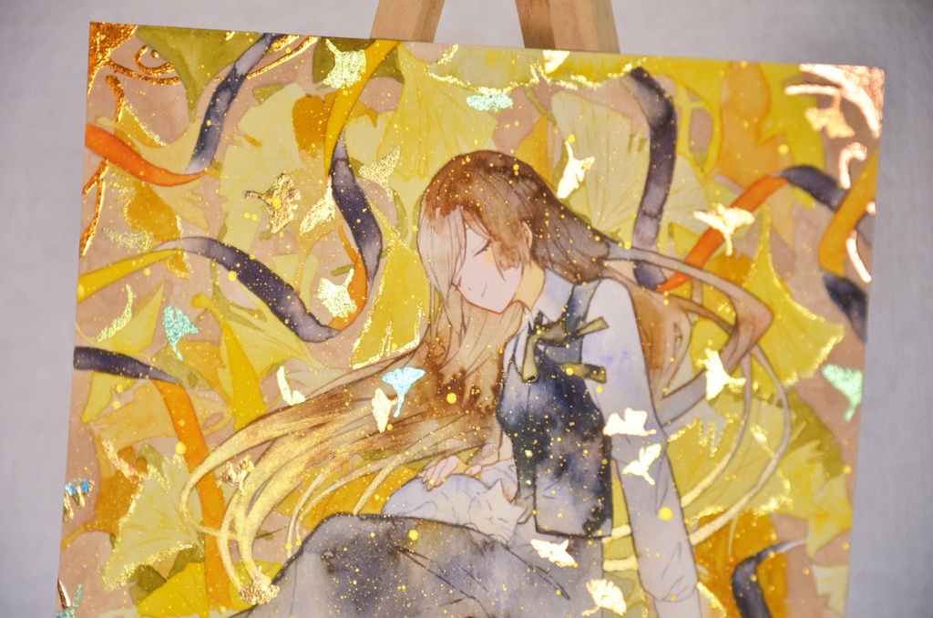 手描きイラスト 「黄色に色づけば」 オリジナル 女の子 正方形サイズ 透明水彩 原画