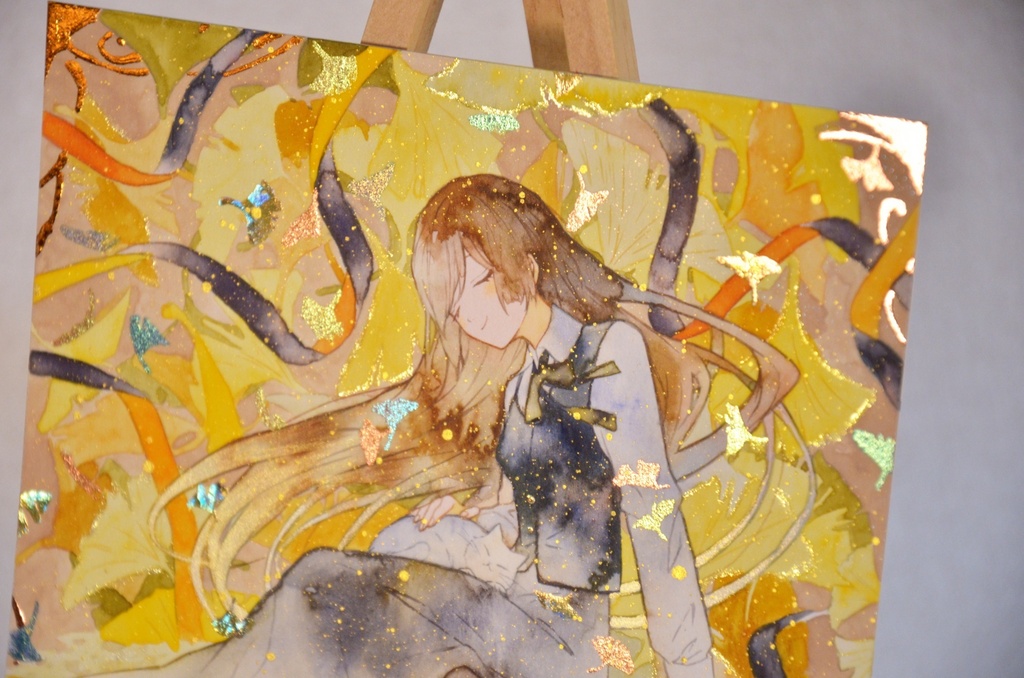 手描きイラスト 「黄色に色づけば」 オリジナル 女の子 正方形サイズ 透明水彩 原画