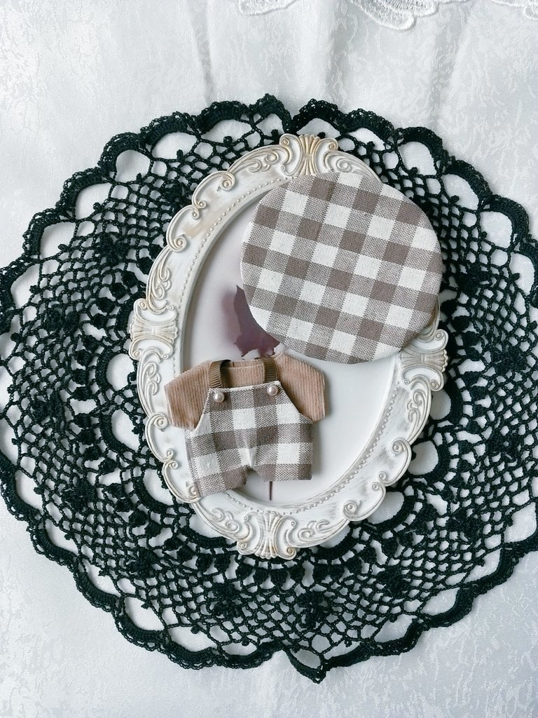 ①10cmぬい服 サロペット+Tシャツ+帽子 3点セット