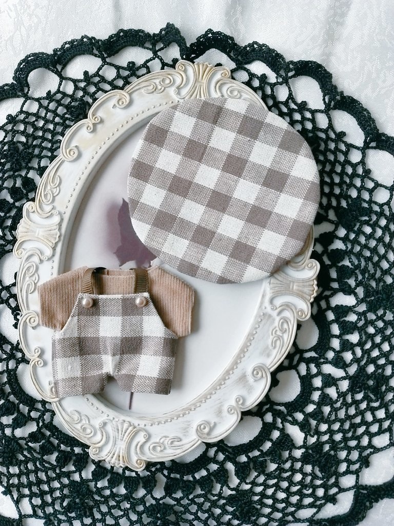 ①10cmぬい服 サロペット+Tシャツ+帽子 3点セット