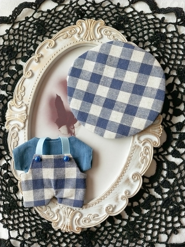 ④ 10cm ぬい服 サロペット+Tシャツ+帽子の3点セット