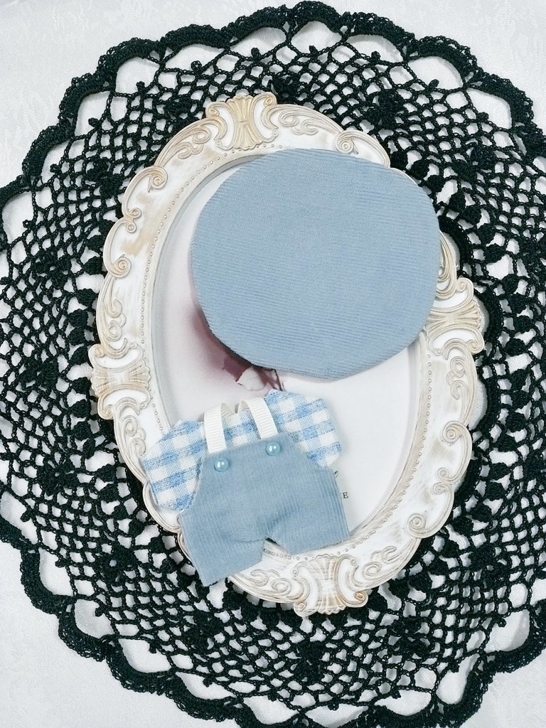 ⑫ 10cmぬい服 サロペット+Tシャツ+帽子3点セット