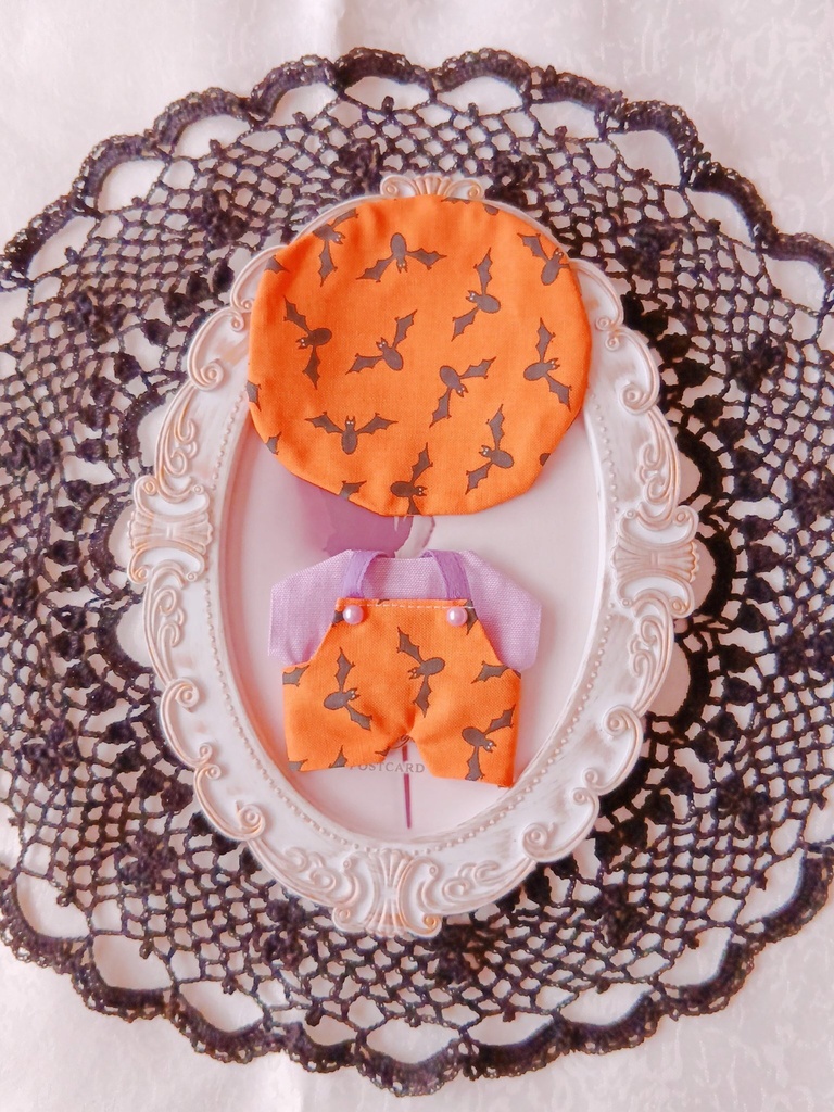オレンジ色ハロウィン柄サロペット3点セット