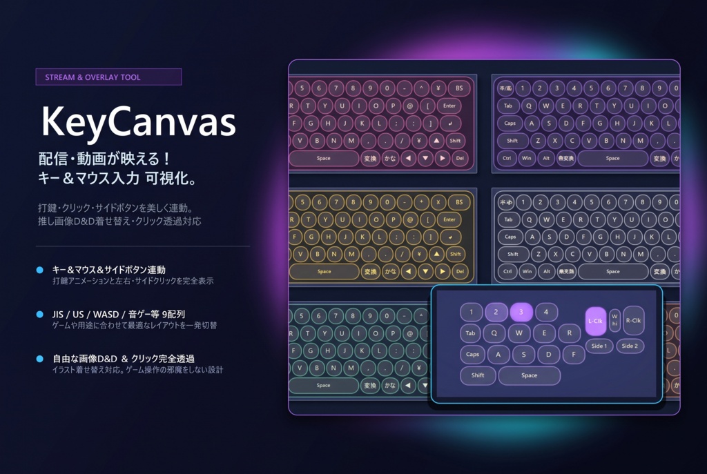 KeyCanvas｜自由な画像を着せ替えできる キー＆マウス入力 可視化オーバーレイ