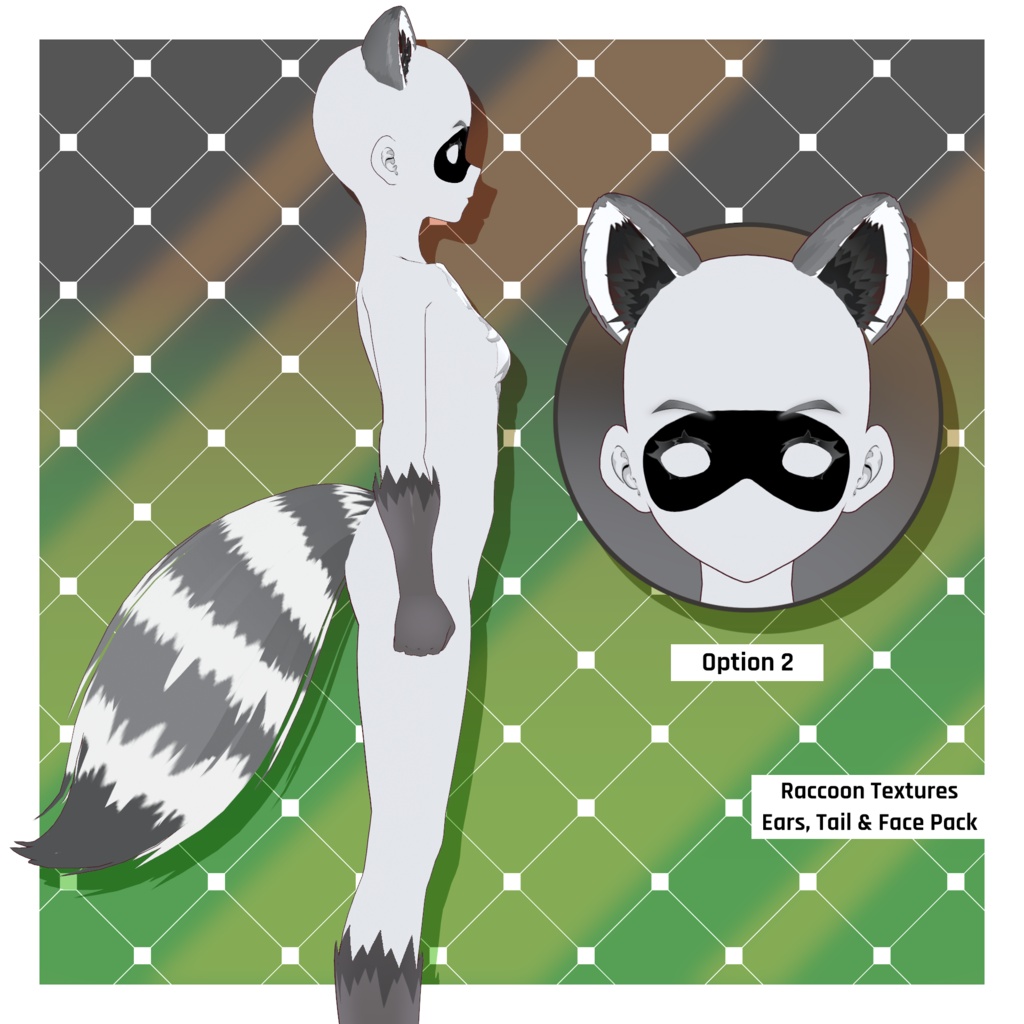 アライグマ - 耳・尻尾(2種)・フェイスマスク・ファーボディスーツ | VRoidテクスチャパック 【VRoid】 Raccoon - Ears & Tails x 2 & Face Mask Options & Fur Body Suit | VRoid Texture Pack