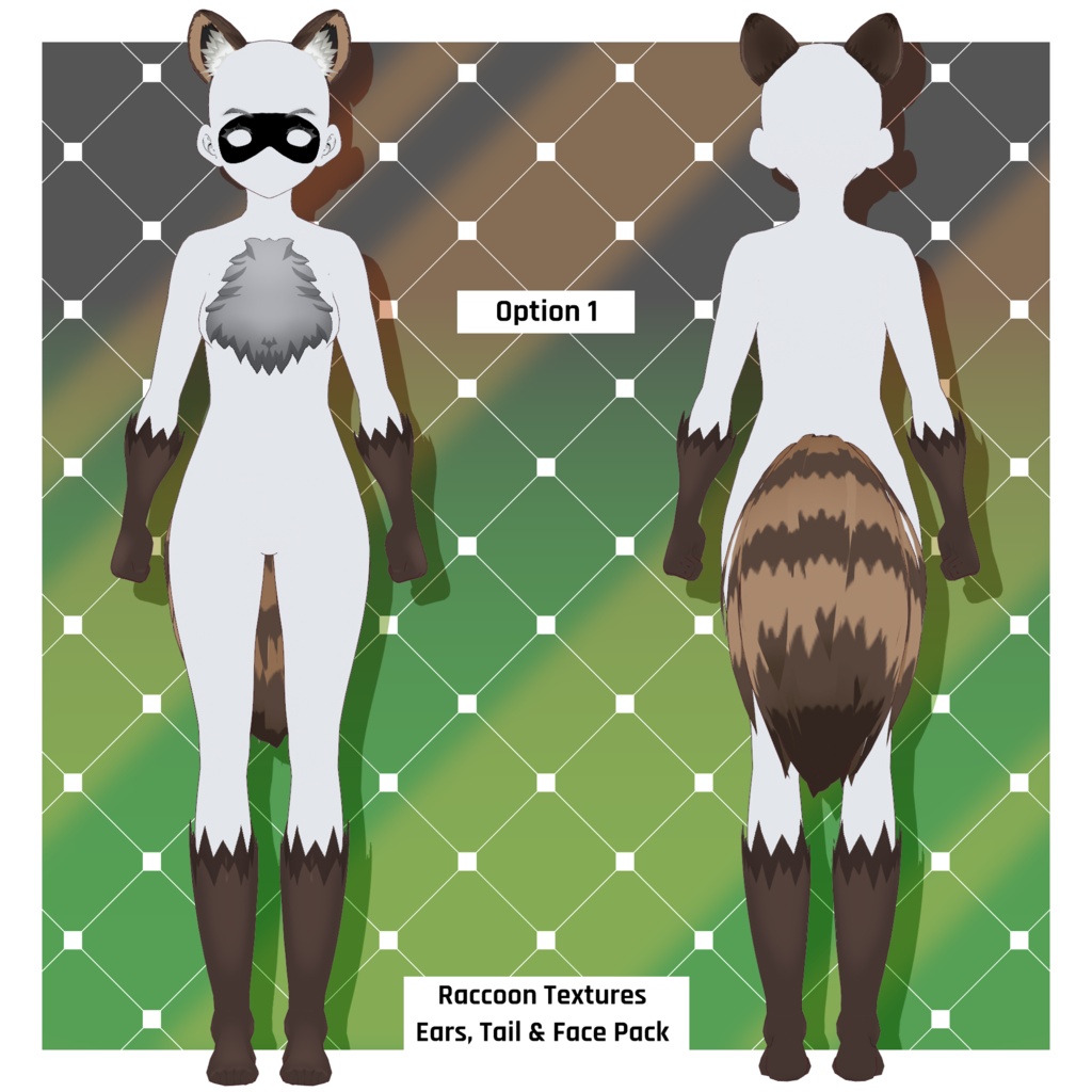 アライグマ - 耳・尻尾(2種)・フェイスマスク・ファーボディスーツ | VRoidテクスチャパック 【VRoid】 Raccoon - Ears & Tails x 2 & Face Mask Options & Fur Body Suit | VRoid Texture Pack