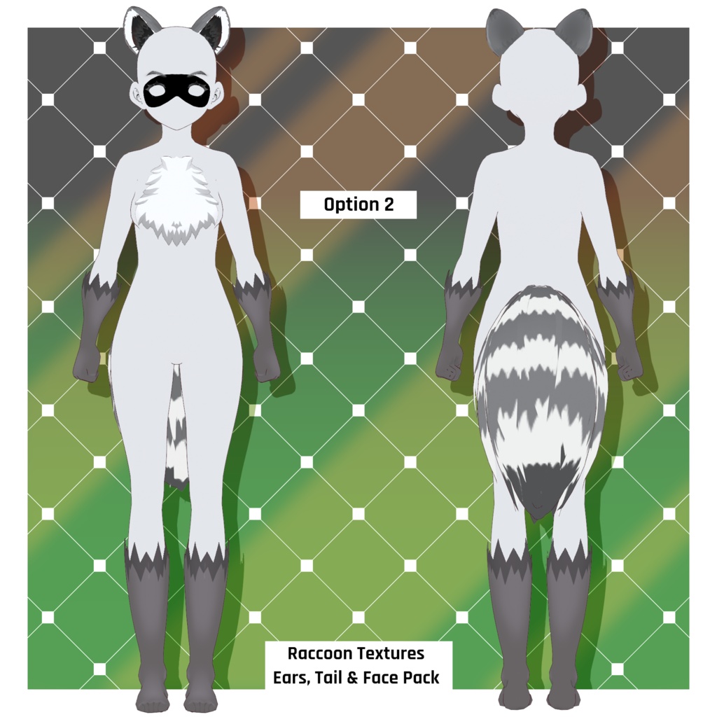 アライグマ - 耳・尻尾(2種)・フェイスマスク・ファーボディスーツ | VRoidテクスチャパック 【VRoid】 Raccoon - Ears & Tails x 2 & Face Mask Options & Fur Body Suit | VRoid Texture Pack