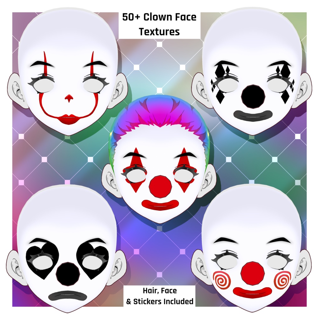 カーニバルのホラーピエロの顔テクスチャ | ハロウィンパック 【VRoid】 Carnival Horror Clown Face Textures | Halloween Pack