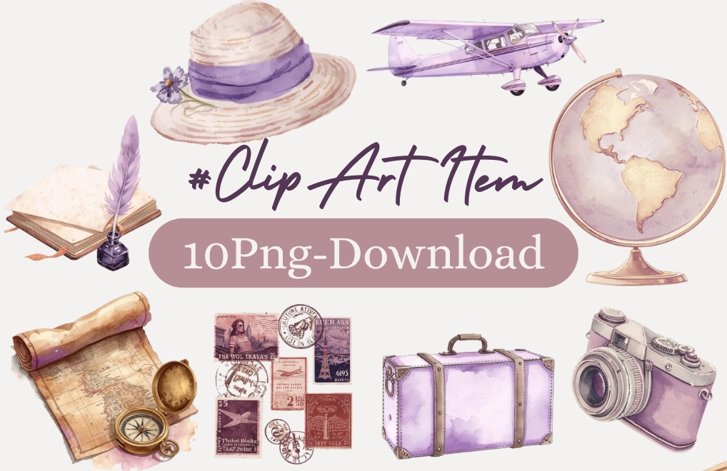 【PNG背景透過】旅するアンティーク💜水彩パープルのクリップアートコレクション（10点）