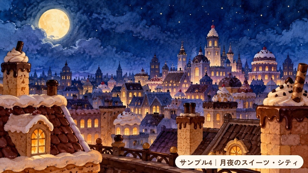 お菓子の世界 背景素材100枚セット|水彩タッチのファンタジー背景|無料サンプル5枚あり