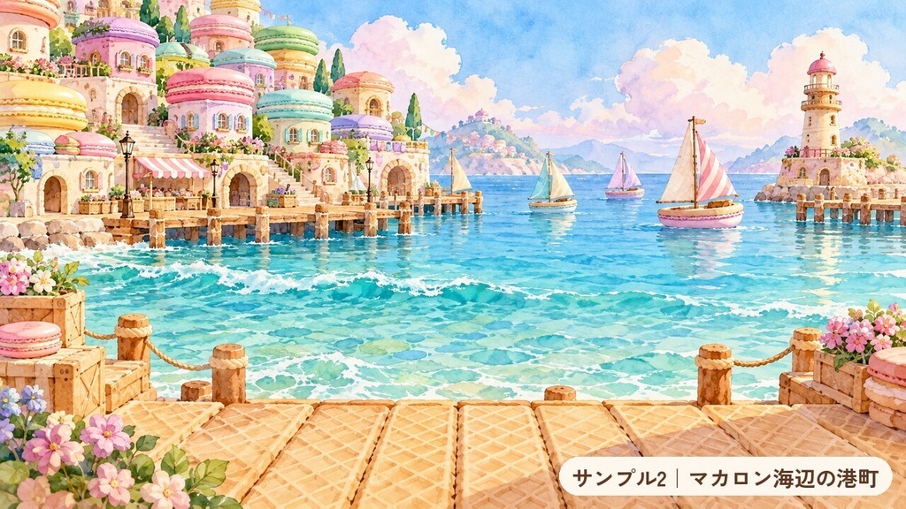 お菓子の世界 背景素材100枚セット|水彩タッチのファンタジー背景|無料サンプル5枚あり