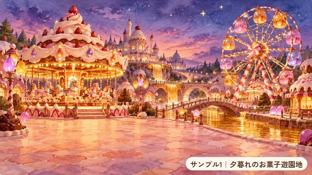 お菓子の世界 背景素材100枚セット|水彩タッチのファンタジー背景|無料サンプル5枚あり